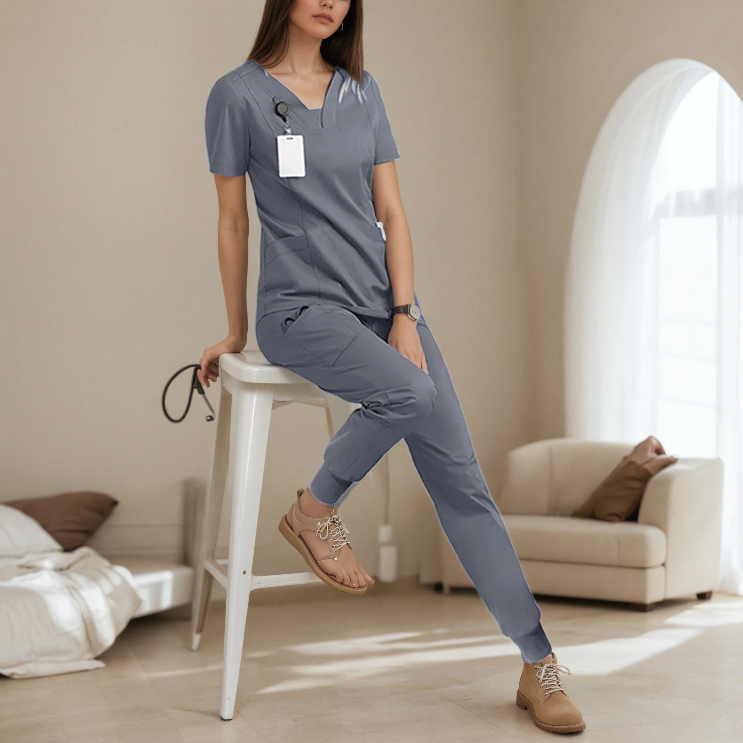 Women V-neck 2 Piece Set Solid Pocket Medical Uniforms Short Sleeve Top High Waist Pant Lady SPA Hostipal Workwear Nurse Clothes
