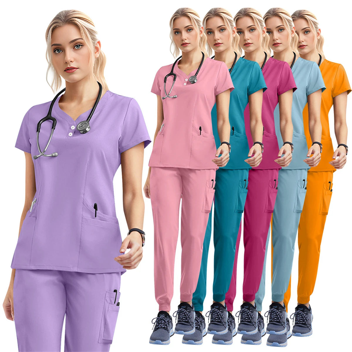 Women&Men's Medical Uniform Scrubs Set Short Sleeve Tops Elastic Waist Pocket Pants Sets Beauty SPA Pet Clinic Nurse Workwear
