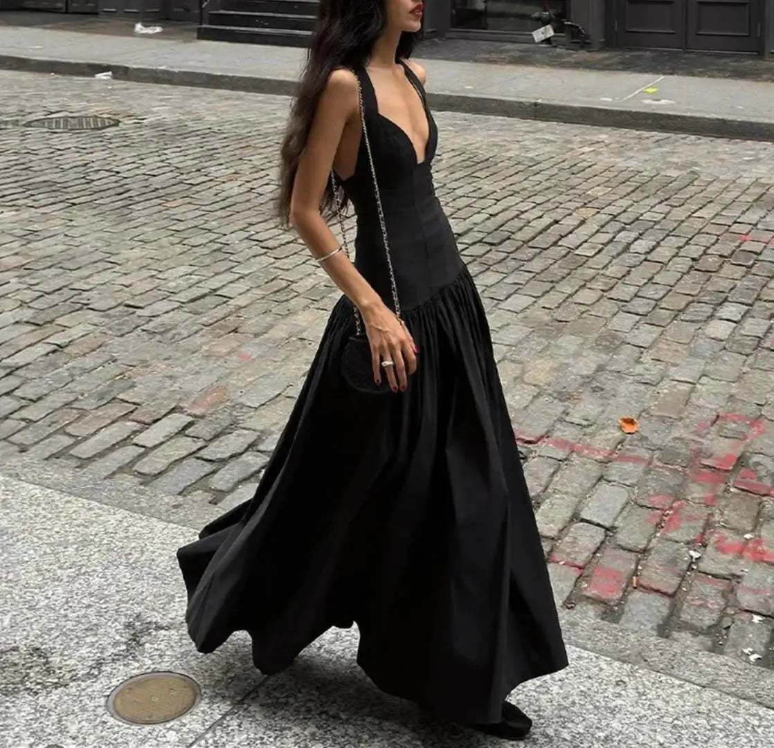Women Black V-neck Slip Dress Sleeveless Blackless Sexy Robes 2025 Female New Pleated Elegant Vestidos Party Casual Evening Gown