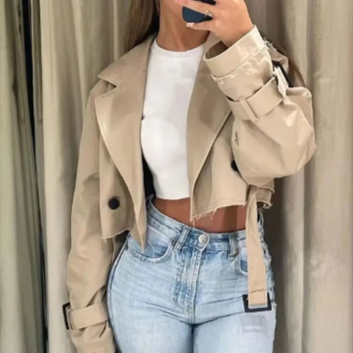 Vintage Belt Cropped Trench Jacket Women Long Sleeve Lapel Fashion Coat Autumn Winter Double Breasted Tops Female Streetwear