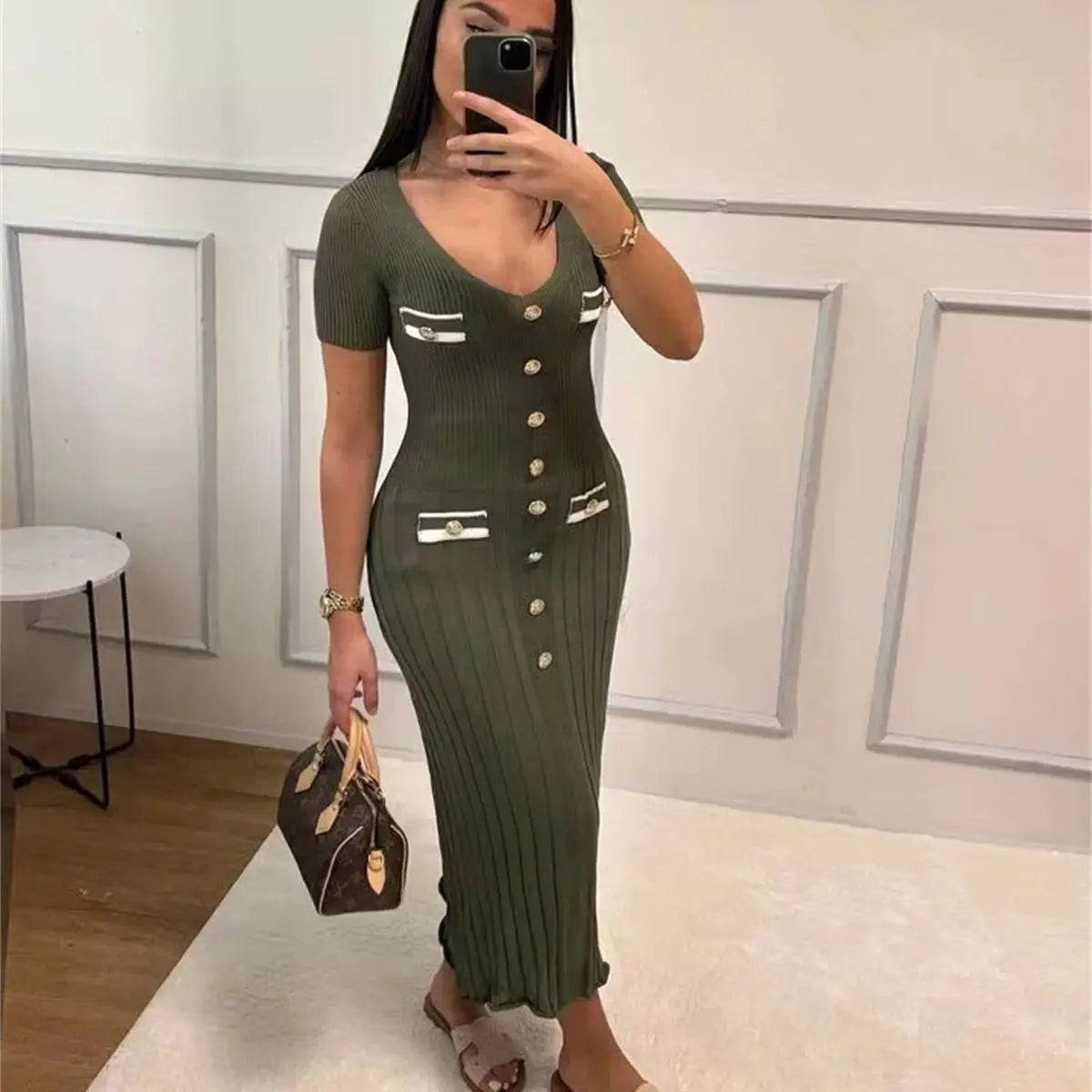 Office Lady Knitted Long Dress women Spring Summer New In Fashion Vestidos V Neck Single Breasted Slim Dresses Casual Sexy Wear