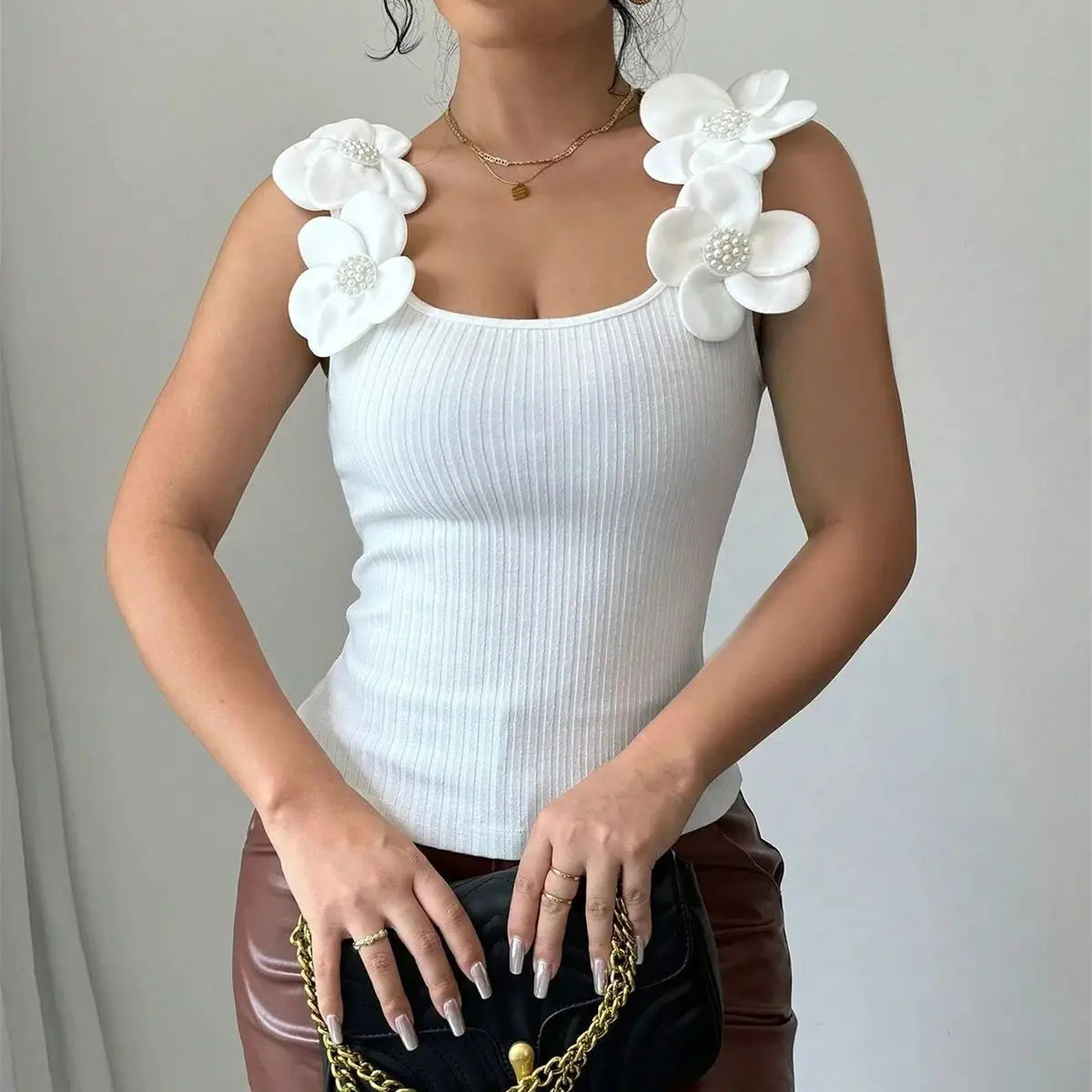 Women's 3D Flower Decoration Top Square Collar Sleeveless Vest Fashion New In Solid Pullover Tops Y2K Lady Casual Street Party