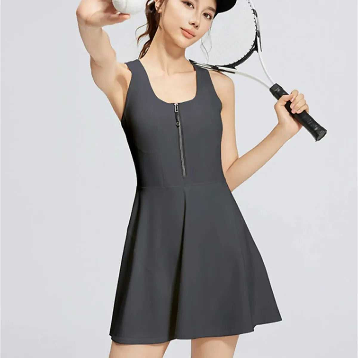 Women Solid Sleeveless Sports Dress A Line Square Neck Zipper One-piece Tennies Dresses Lady Outfit Gym Clothes Casual Vestidos
