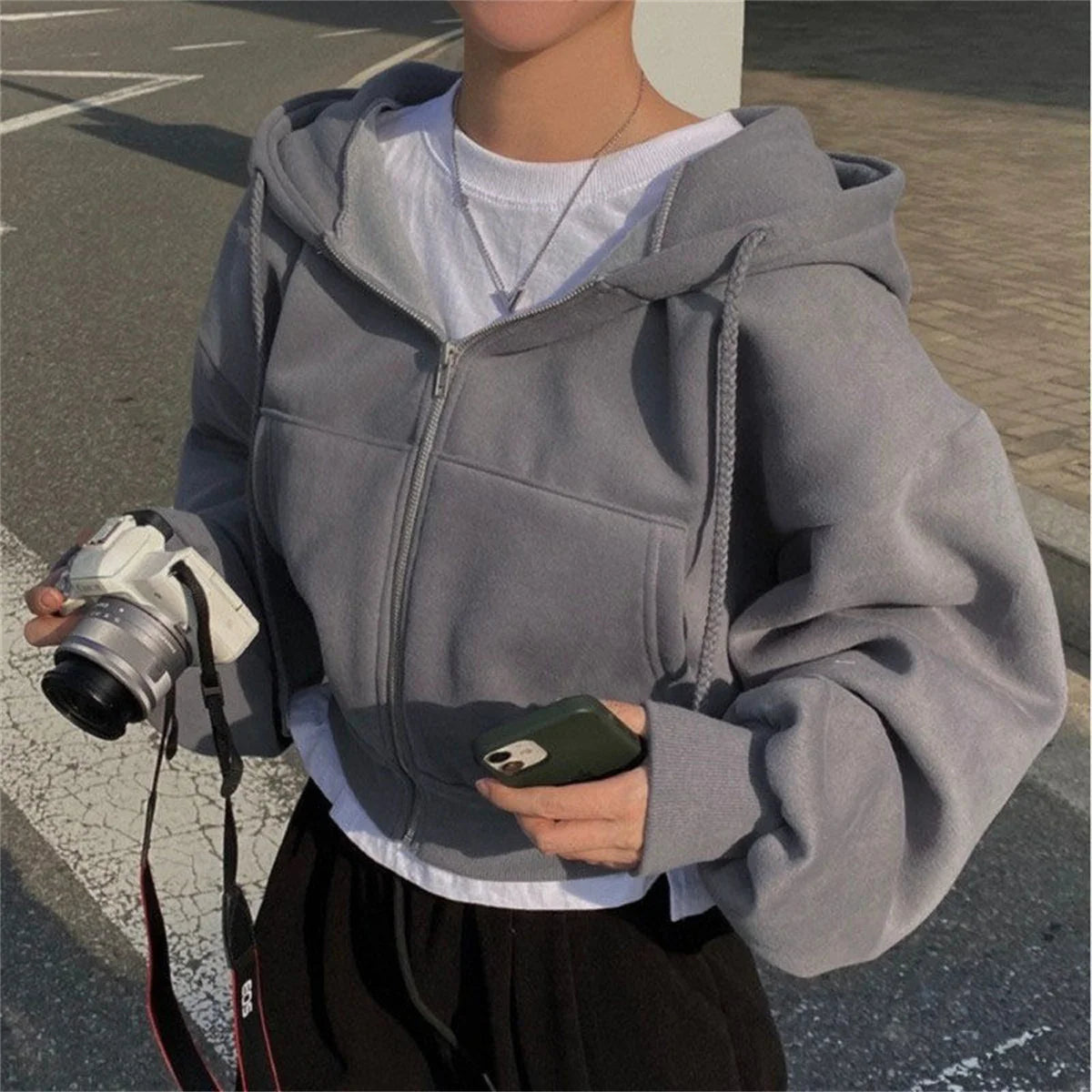 Retro Casual Basic Hoodies Women Solid Pockets Long Sleeve Hoodie Zip Up Autumn Fashion Sweatshirts Oversized Chic Streetwear