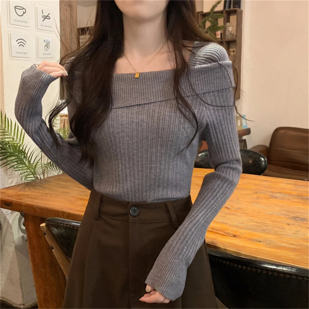 Slim Off Shoulder Knitted Sweater Women Spring Autumn Pullover Tops Long Sleeve Chic Female Jumper Office Lady Casual Streetwear