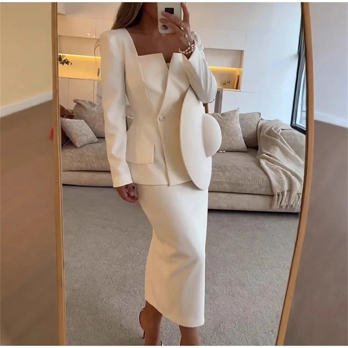 Women Elegant Slim Skirt Set Long Sleeve Stand Neck Coat Elastic Waist Skirts Suit Fashion 2 Piece Sets Lady Outfit Party Office
