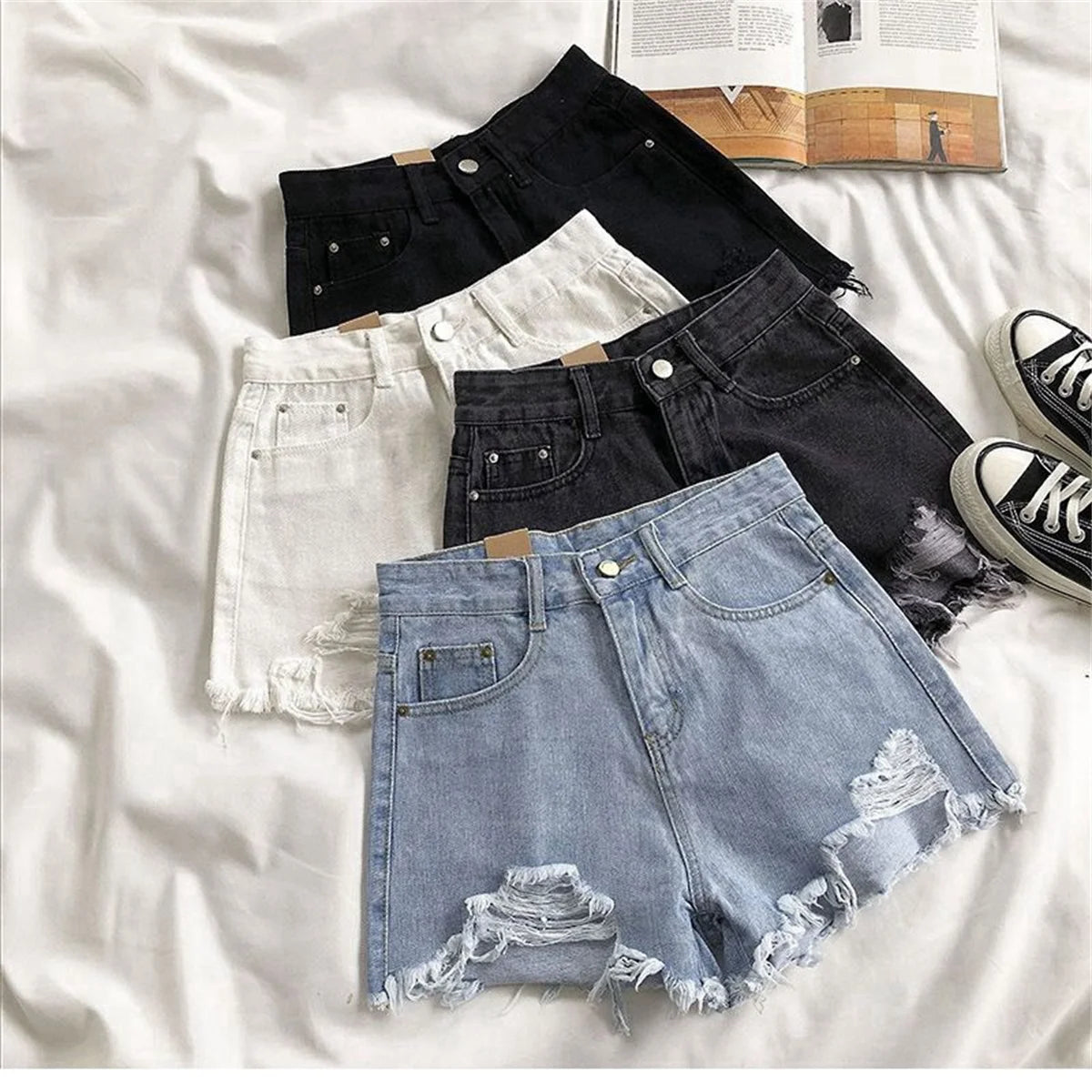 Fashion Ripped Denim Shorts Women's Summer New In High Street Clothes High Waist Solid Vintage Pant Casual Y2K Korean Trousers
