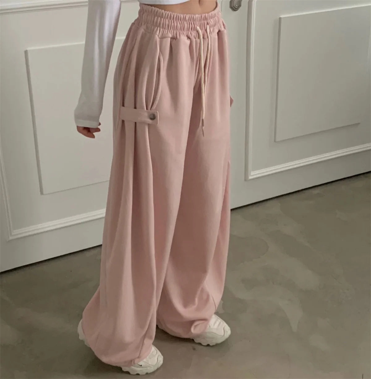 Women Fashion Loose Sport Pant Solid Elastic Waist Y2K Sweatpants Pocket Jogger Streetwear Female Chic New In Baggy Trousers