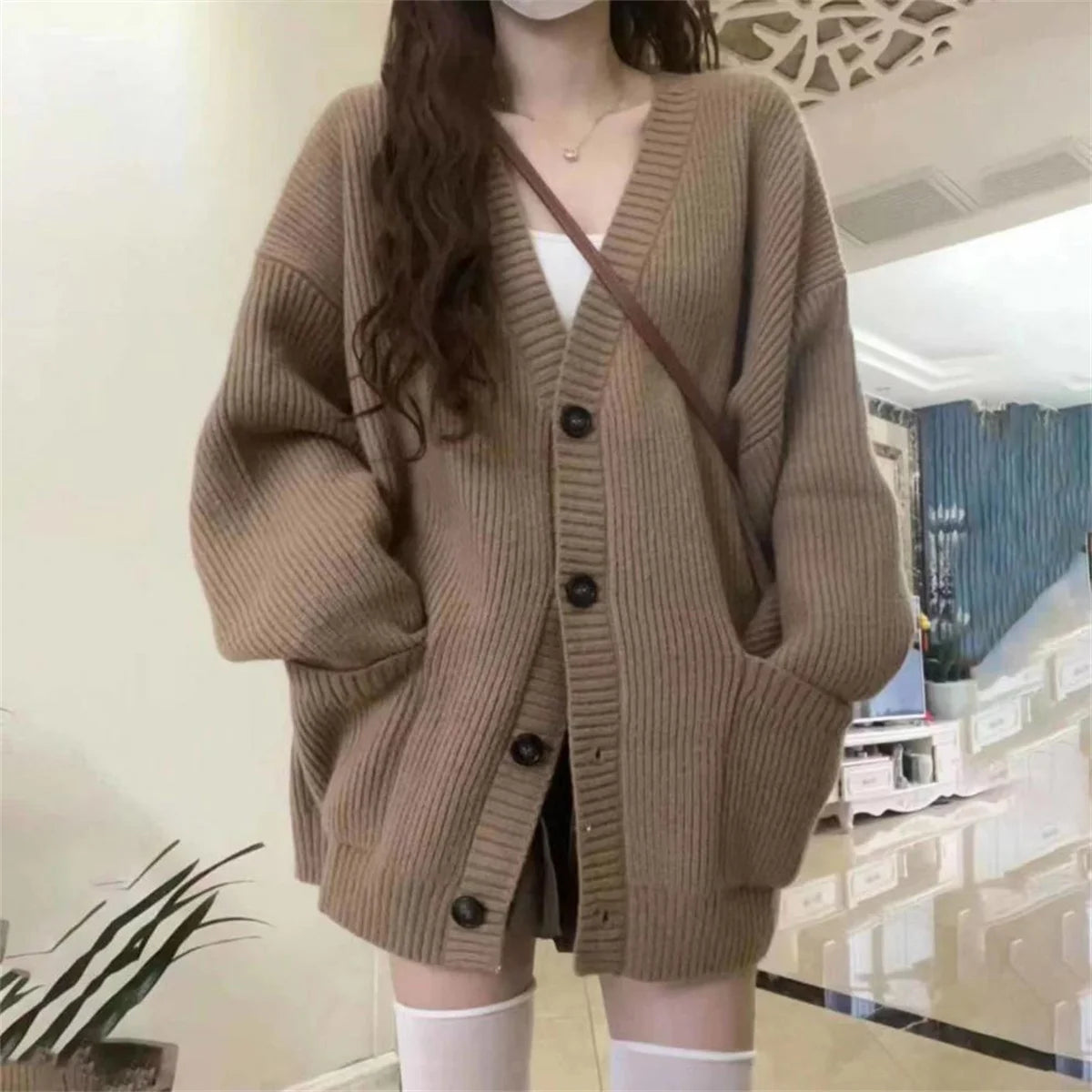 Women Fashion Cardigan Sweater Coats Knitted V-neck Long Sleeved Single Breasted Cardigans Autumn Winter Female Lazy Style Coat