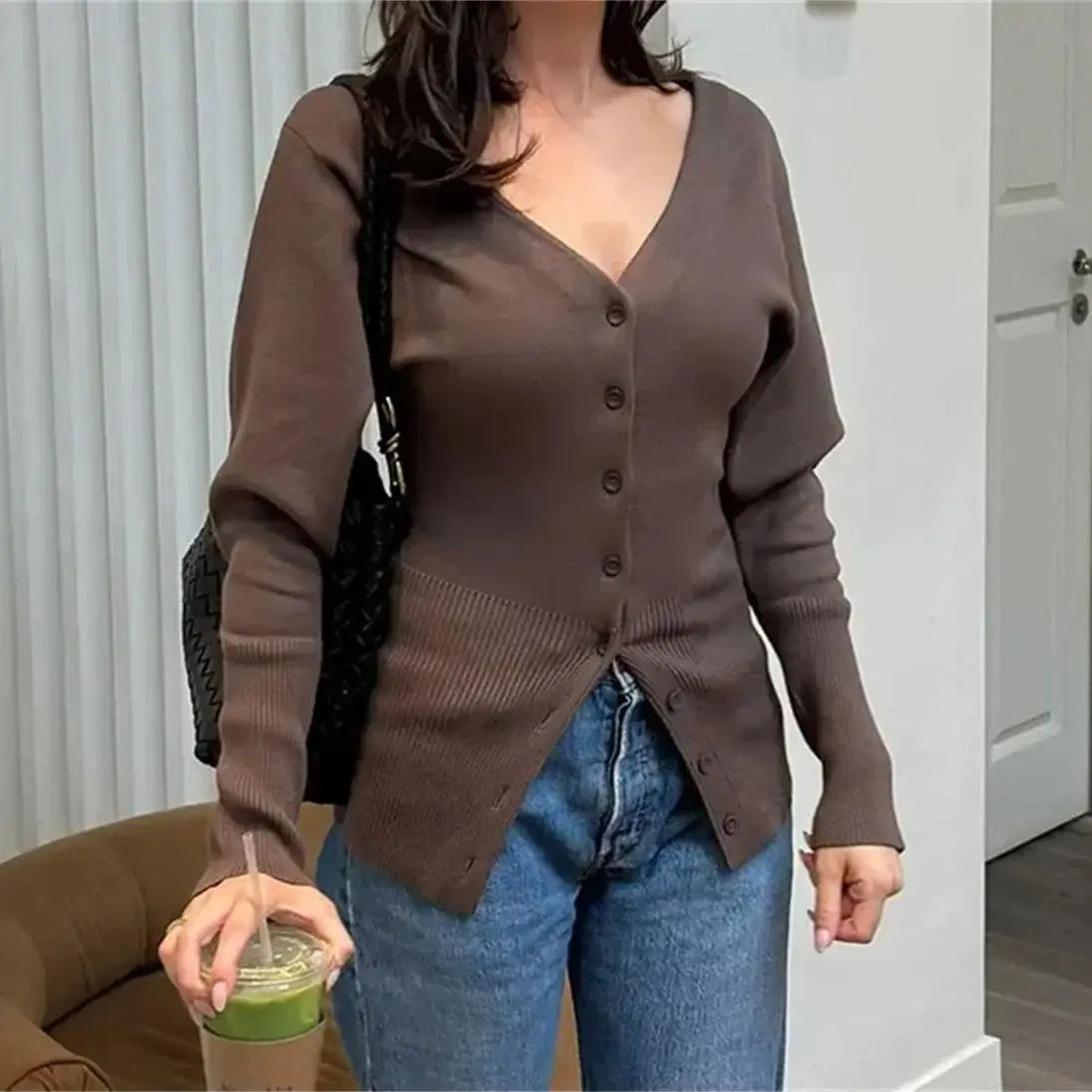 V-neck Slim Knitted Cardigan Women Fashion Elegant Long Sleeve Tops Single Breasted Autumn Spring Female Chic New In Cardigans