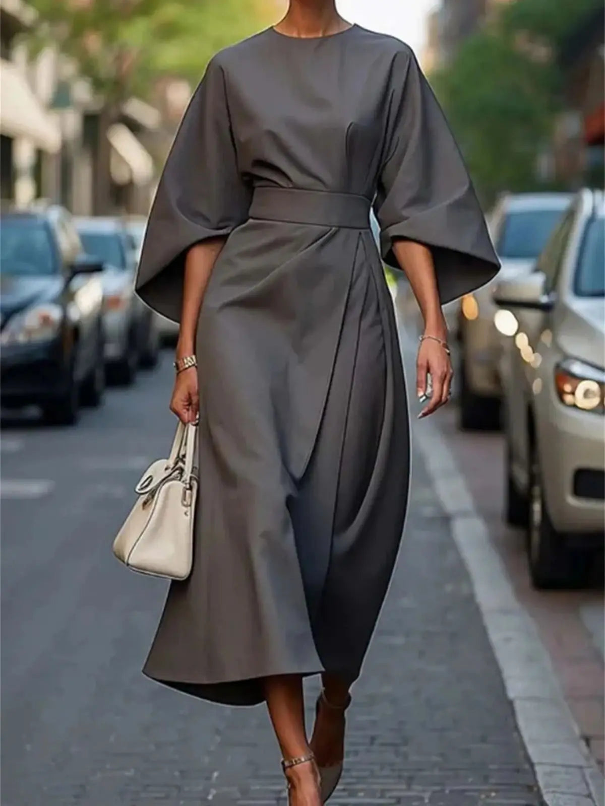 Women Elegant Temperament Dress Solid Three Quarter Sleeve Vestidos 2025 Spring Summer New In Casual Dresses Office Lady Clothes