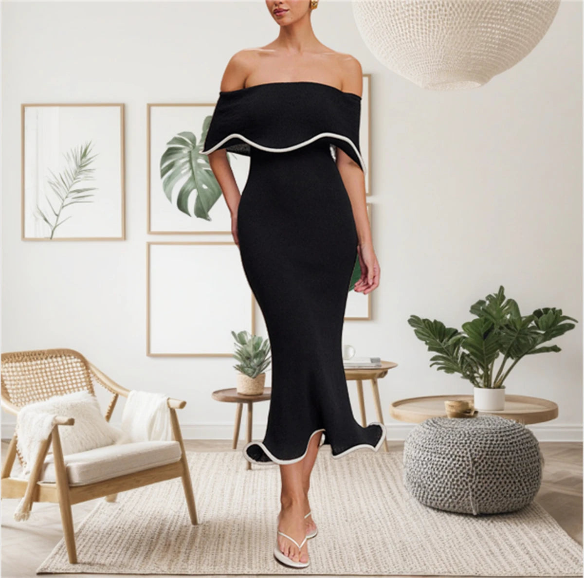 Elegant  Patchwork Fashion Ruffled Dress Women 2025 New Black Backless Slim Dresses Lady Summer One-shoulder Sexy Retro Vestidos