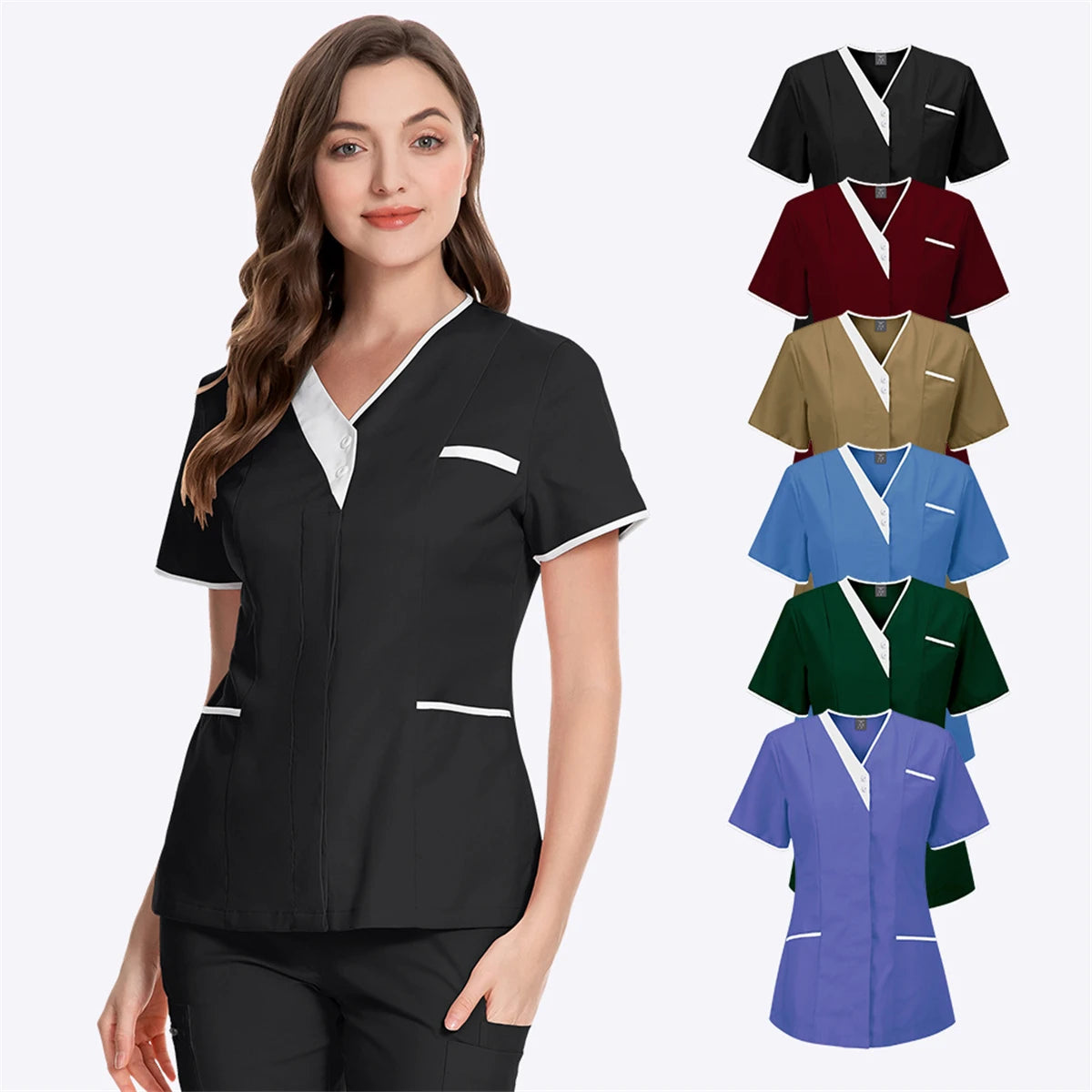 Women V Neck Scrub Tops Short Sleeve Pocket Beauty Salon Medica Uniform Veterinary Dentistry Work Clothes SPA Nurse High Quality