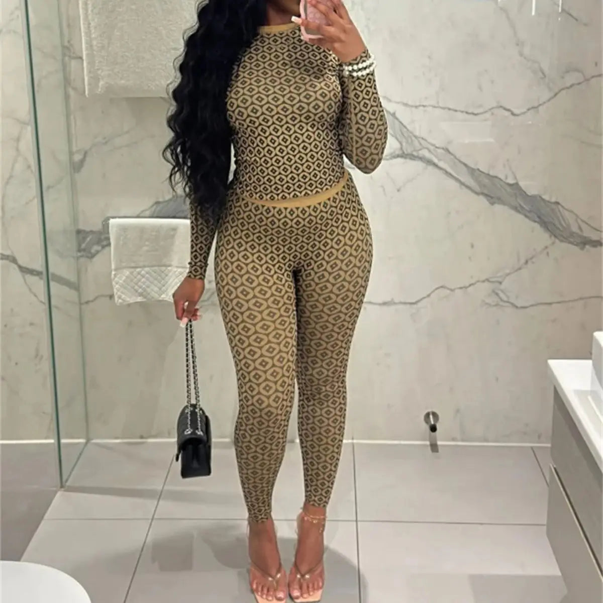 Women Print 2 Pieces Set 2025 Fashion New In Slim Bodycon Suit Long Sleeve O Neck Pullover Top Pencil Pant Sets Streetwear Y2K