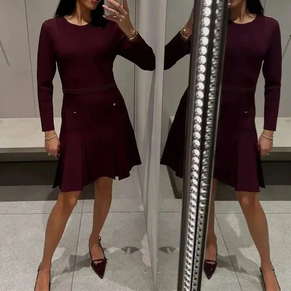 Women Elegant Pleated Knitted Dress Burgundy Long Sleeve Pocket Mini Dresses 2025 Fashion New In Casual Vestidos Casual Outfit