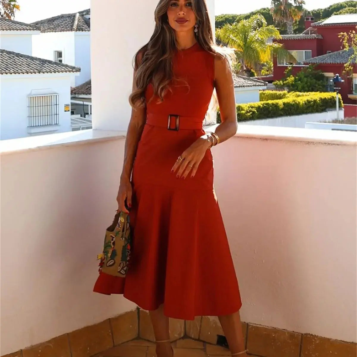 Fashion Knitted Dresses For Women Elegant Solid Belt Patchwork Midi Dress O Neck Sleeveless Vestidos 2024 Lady Party Streetwear