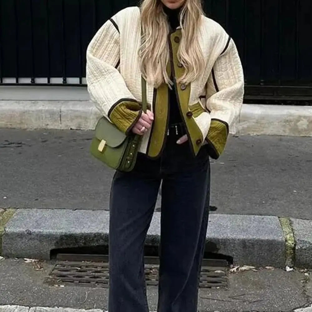 Women Contrast Patchwork Quilted Jacket Autumn Winter New In Coat Long Sleeve Loose Coats Fashion Single Breasted Lady Outwears