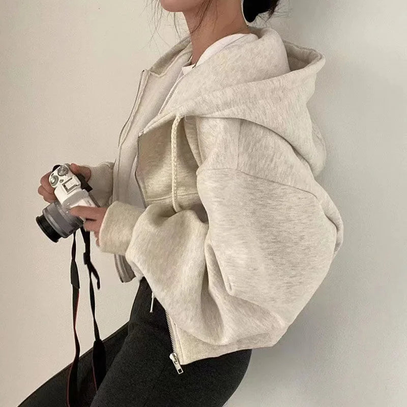 Women Fashion Zipper Hoodies Autumn Winter Solid Y2K Coats Long Sleeve Harajuku Sweatshirt Female Casual High Street Clothes