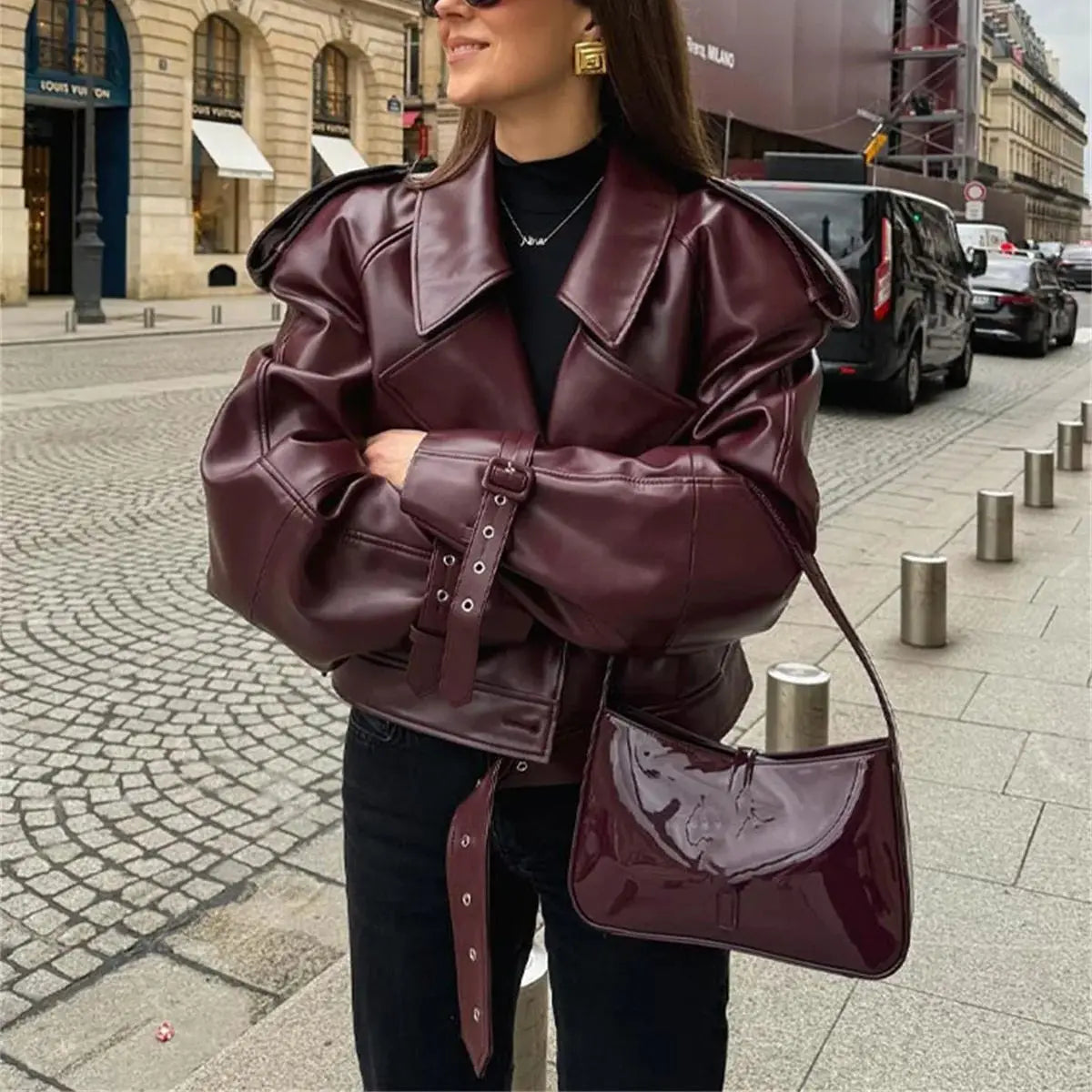 Fashion Lapel Leather Jacket 2024 Autumn Winter Women's Jackets Vintage Long Sleeve Crop Coats Belt High Street New In Outerwear