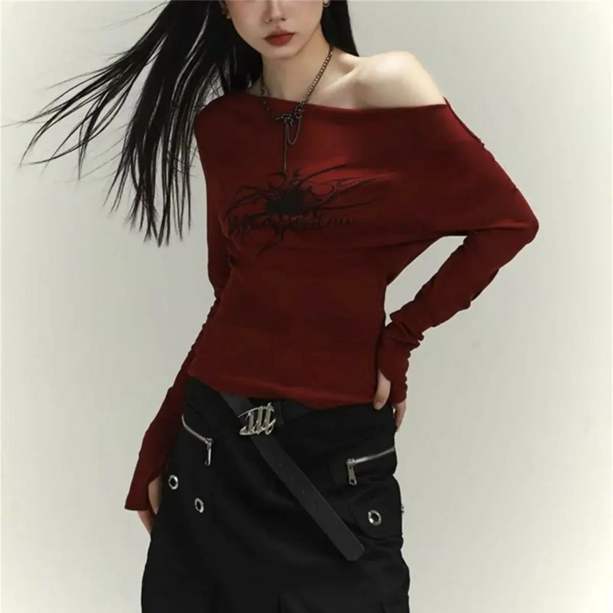 Women's Gothic Print Y2K T-shirts Long Sleeve Off Shoulder Hip Hop Blouses Lady Fashion New In Tops Casual Streetwear Korean Top