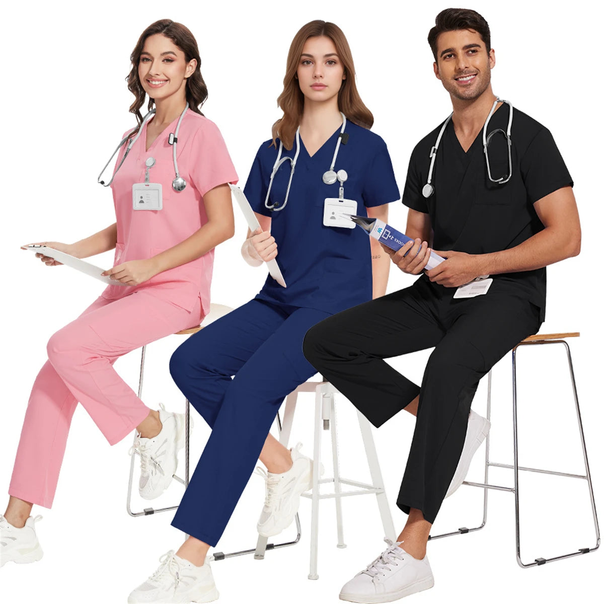 Medical Uniform Scrub Set Woman Beauty SPA Work Clothes Sets V Neck Pocket Top Elastic Waist Pant Suit Healthcare Clinic Clothes