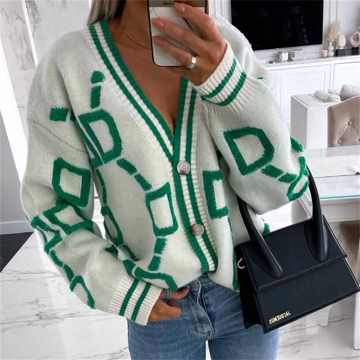 Women V Neck Knitted Cardigan Single Breasted Long Sleeve Fall Spring Coat Fashion Patchwork Sweater Coats Casual Chic Clothing